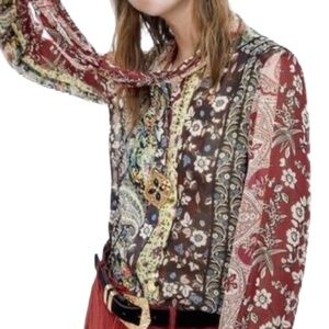 Zara Bow Tie Long Sleeve Blouse in a Floral Patchwork Pattern Size XS